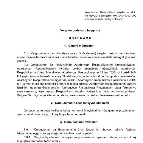 Document preview: Vergi Ombudsmanı: Hüquqların Qorunması və İctimai Fəaliyyət — Vergilər & maliyyə (CERFA n°Ombudsman)