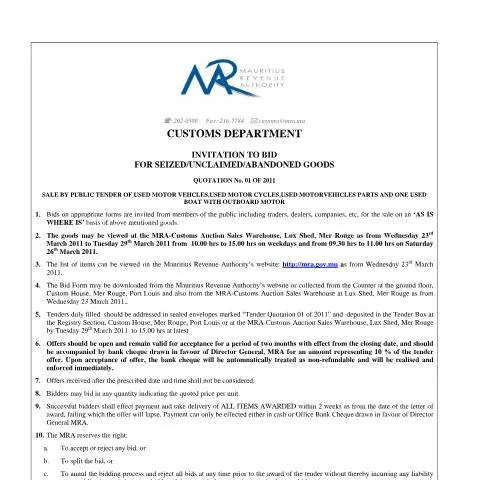 Document preview: Auction of Seized and Unclaimed Goods by Mauritius Revenue Authority — Government & admin (CERFA n°CommuniqueQuotation1of2011)