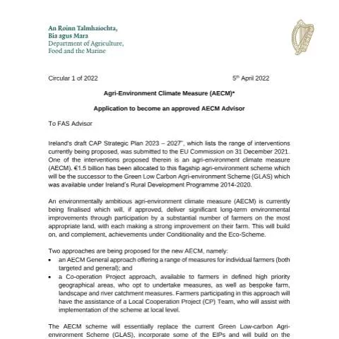 Document preview: Understanding the New AECM Advisor Application Process in Ireland — Agriculture & rural (CERFA n°APRIL2022)