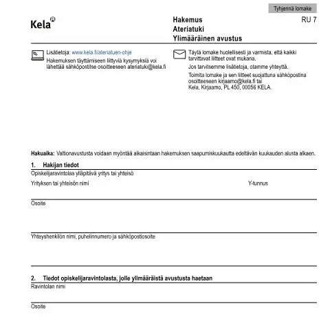 Document preview: Ylimääräinen avustus opiskelijaravintoloille — Opiskelu & koulutus (CERFA n°Kela RU 7)