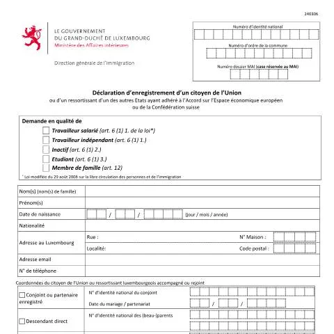 Aperçu du document Guide d'enregistrement pour citoyens de l'Union au Luxembourg — État civil & identité (CERFA n°declaration-enregistrement-ue)