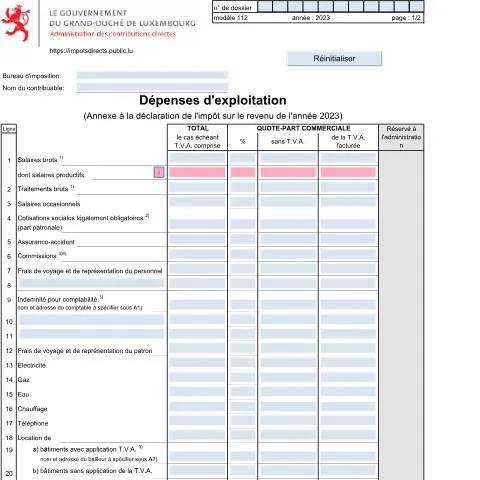 Aperçu du document Guide Pratique sur le Formulaire 112 : Dépenses d'Exploitation — Impôts & fiscalité (CERFA n°112)