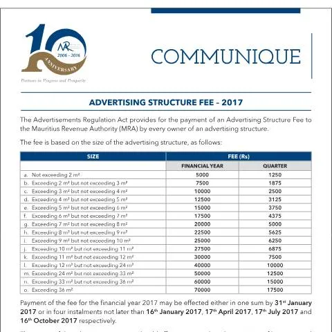 Document preview: Understanding the Advertising Structure Fee - 2017 in Mauritius — Government & admin (AdvertisingStructureFee060117)