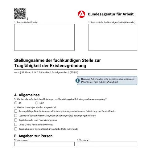 Dokumentvorschau: Wichtige Informationen zum Gründungszuschuss BA GZ 04 — Arbeit & Beschäftigung (CERFA n°gruendungszuschuss-gz-stellungnahme-fachkundige-stelle_ba053733)
