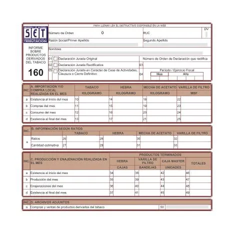 Vista previa del documento Formulario 160 para declaraciones de productos del tabaco — Impuestos (CERFA n°F160)