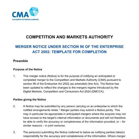 Document preview: CMA Merger Notification Requirements and Regulatory Process — Business