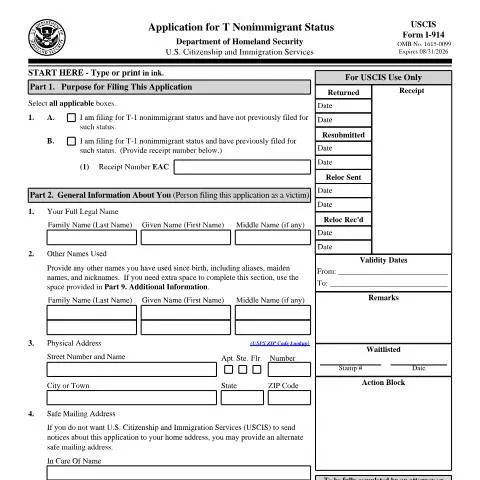 Document preview: Understanding USCIS Form I-914 for T Nonimmigrant Status — Immigration & visas (CERFA n°I-914)