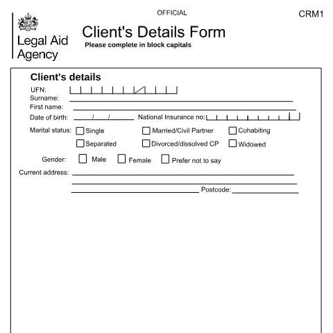 Document preview: CRM1 Gateway Form: Essential Client Details for Legal Aid Cases — Legal & justice