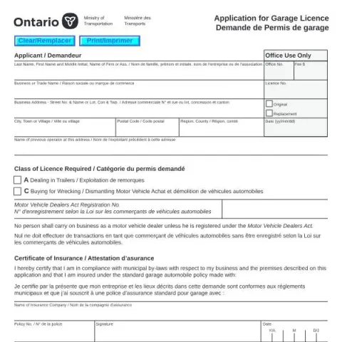 Document preview: How to Obtain a Garage Licence in Ontario: A Complete Guide (English / French) — Vehicle & driving (SR-LV-053)