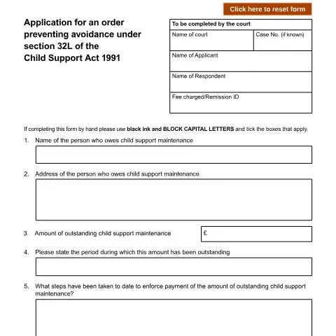 Document preview: Application for an Order to Prevent Child Support Avoidance under — Legal & justice