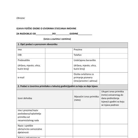 Document preview: Razumijevanje izjave o izvorima stjecanja imovine — Porezi i fiskalnost (CERFA n°Izjava fizičke osobe o izvorima stjecanja imovine)