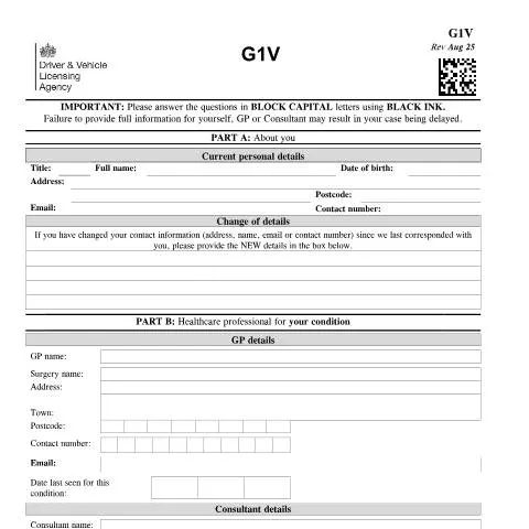 Document preview: DVLA G1V Medical Declaration: When and How to Report Health Conditions — Health