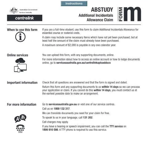 Document preview: Navigating the ABSTUDY Additional Incidentals Allowance Claim Form — Benefits & social aid (CERFA n°SY031)