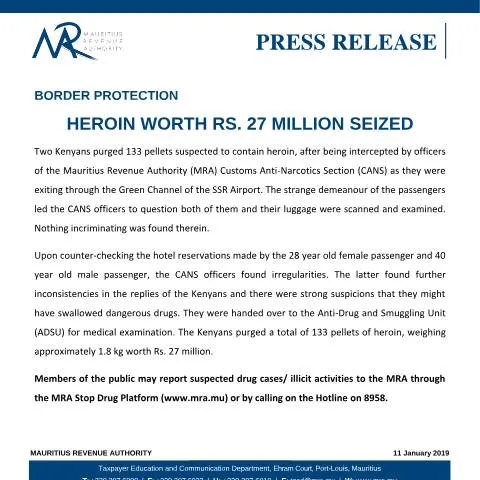 Document preview: Border Security Operation: Heroin Interception at Mauritius Airport — Government & admin (CERFA n°BorderProtection110119)