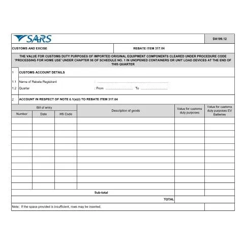 Document preview: Understanding the DA 199 12 Form for Customs Duty Rebates — Customs & trade (CERFA n°DA 199 12)