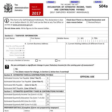 Document preview: Understanding the Jamaica Self-Employed Income Tax Declaration Form — Government & admin (CERFA n°s04a_03032017)