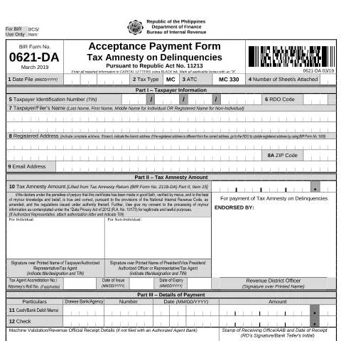 Document preview: Understanding BIR Form No. 0621-DA for Tax Amnesty Payments — Government & admin (CERFA n°0621-DA)
