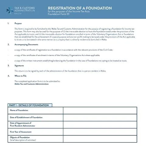 Document preview: Navigating the Foundations Registration Process in Malta — Taxes (CERFA n°foundations_registration_form)