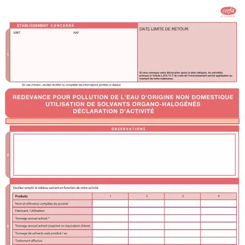 Aperçu du document Déclaration obligatoire des rejets de solvants chlorés en industrie — Démarches administratives (CERFA n°13732*03)