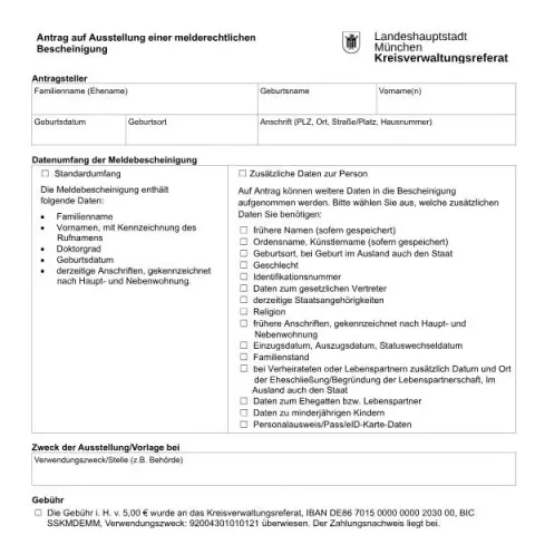 Dokumentvorschau: Melderechtliche Bescheinigung in München beantragen — Personenstand & Ausweis (meldebescheinigung_antrag)