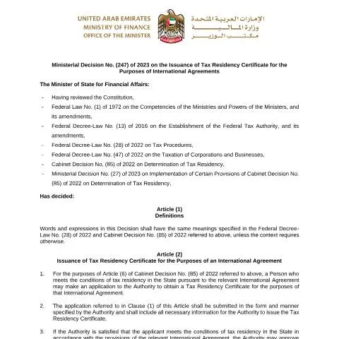 Document preview: UAE Ministerial Decision 2023: Tax Residency Certification Overview — Taxes (CERFA n°Ministerial Decision No (247) of 2023)