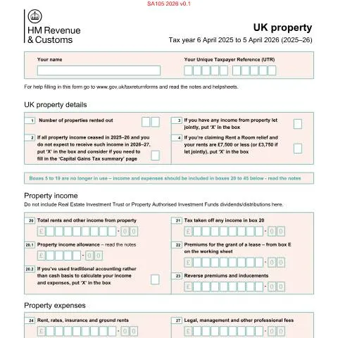 Document preview: SA105 Self Assessment: UK Rental Property Tax Declaration Guide — Taxes