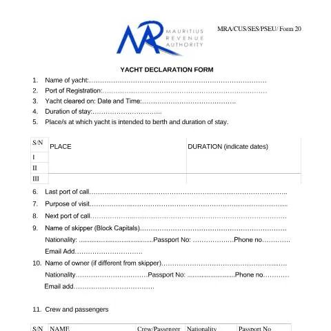 Document preview: Understanding the Yacht Declaration Form for Mauritius — Vehicle & driving (CERFA n°Form20YachtDeclaration)