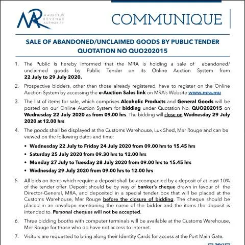 Document preview: Unlock Unique Bargains with MRA's Abandoned Goods Sale — Government & admin (CERFA n°CommuniqueQ202015)
