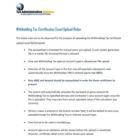 Document preview: Jamaica Withholding Tax Certificate Excel Upload Guidelines — Taxes (CERFA n°Doc+-+Withholding+Tax+Certs+Upload+File+Rules_v5+Updated+Nov+2024)