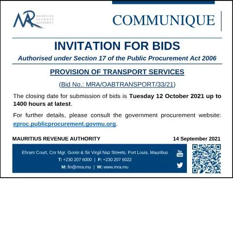 Document preview: Transport Services Bid Notice - Mauritius Revenue Authority — Government & admin (CommuniqueTransport130921)