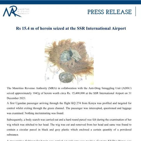 Document preview: Significant Heroin Seizure at Mauritius Airport — Government & admin (DrugSeizure020124)