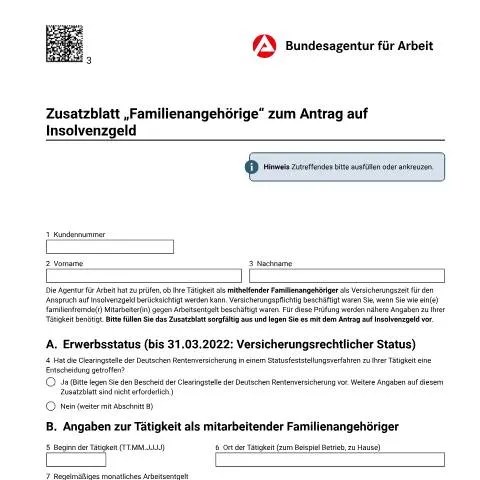 Dokumentvorschau: Zusatzblatt für Familienangehörige beim Insolvenzgeld — Familie (CERFA n°zusatzblattfamilie_ba033565)