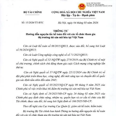 Document preview: Hướng dẫn kế toán cho tổ chức tham gia thị trường tài sản mã hóa — Doanh nghiệp & chuyên nghiệp (CERFA n°15/2026/TT-BTC)