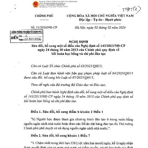 Document preview: Tìm hiểu Nghị định 51/2026/NĐ-CP về bồi hoàn học bổng — Thủ tục hành chính (CERFA n°51/2026/NĐ-CP)