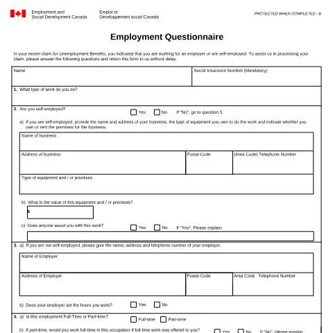 Document preview: Navigating the Employment Questionnaire for EI Benefits — Work & employment (CERFA n°INS3977)