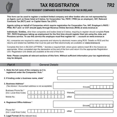 Document preview: Registering for Tax as an Irish Resident Company — Taxes (TR2)