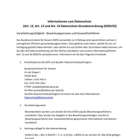 Dokumentvorschau: Verstehen des Bewerbungsprozesses beim BZSt — Behörden & Verwaltung (CERFA n°Bewerbungsprozess_Auswahlverfahren)