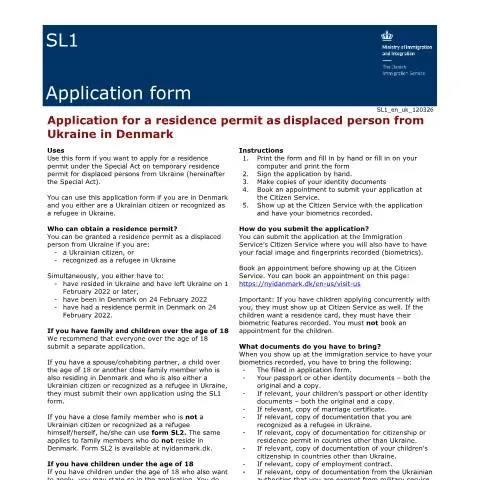 Document preview: SL1 - Vejledning til ansøgning om opholdstilladelse i Danmark — Immigration & visa (CERFA n°SL1)