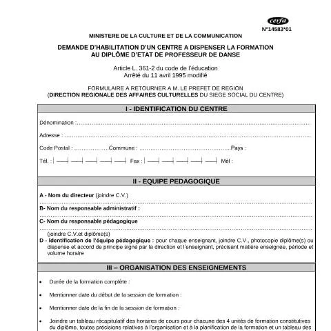 Aperçu du document Formulaire 14583*01 : demande d'habilitation pour centre de formation — Démarches administratives (CERFA n°14583*01)