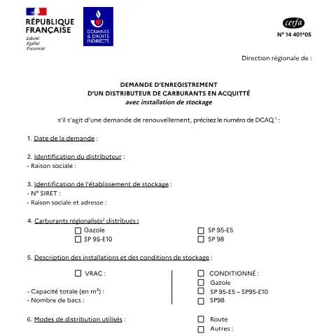 Aperçu du document Formulaire 14401*05 : enregistrement obligatoire station-service — Démarches administratives (CERFA n°14401*05)