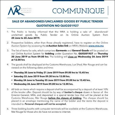Document preview: Understanding Public Tender for Unclaimed Goods — Government & admin (Communique27of2019)