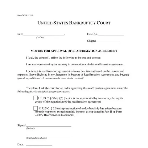Document preview: Court Motion to Approve Reaffirmation Agreement in Bankruptcy — Legal & justice (Form 2400B)