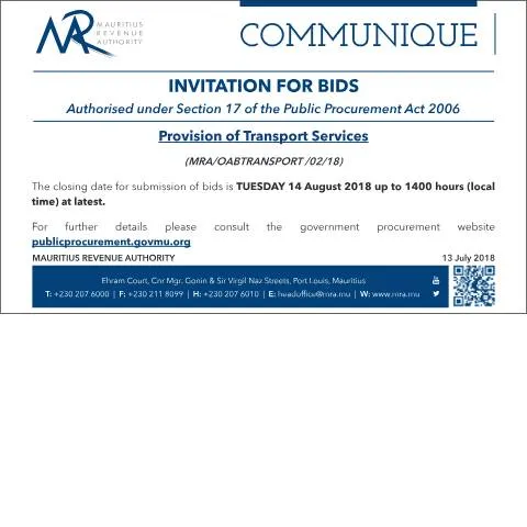 Document preview: Invitation to Bid for Transport Services in Mauritius — Government & admin (InvitationToBids130718)