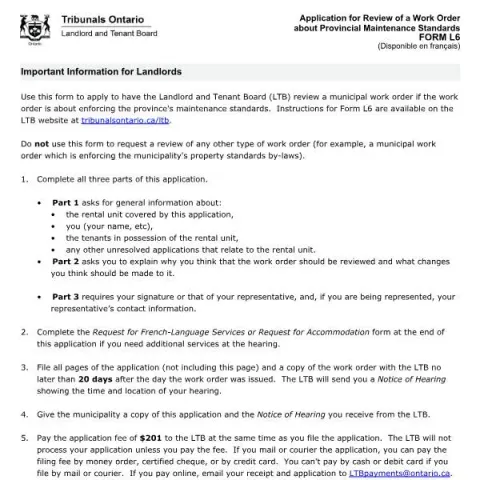 Document preview: How to Use Form L6 for Reviewing Work Orders in Ontario (English / French) — Housing (FORM L6)