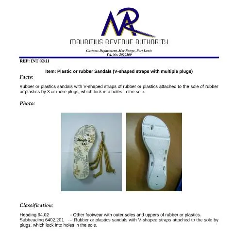 Document preview: Navigating Footwear Classification for V-Shaped Sandals — Government & admin (PVCsandalPlugged280311)