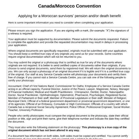 Document preview: Understanding the Morocco/Canada Survivors' Pension Application — Health (CERFA n°CAN-MAR_1_(S))