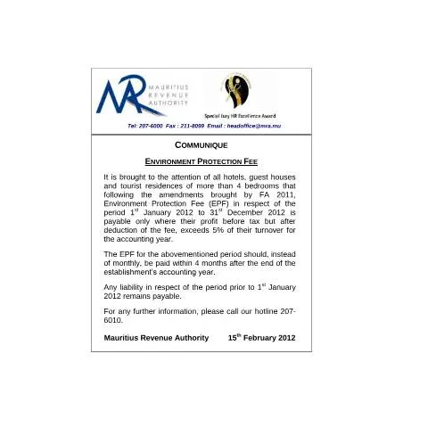 Document preview: Mauritius Environment Protection Fee Overview and Obligations for — Environment & energy (CERFA n°CommuniqueEPF2012)