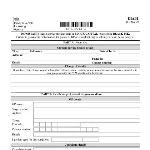 Document preview: DVLA Form DIAB1: Medical Assessment for Diabetic Drivers — Health