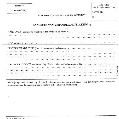 Aperçu du document Comprendre le formulaire 109 pour les boissons alcoolisées en Belgique — Démarches administratives (CERFA n°ACC_FORM_Aangifte-verandering-staking-17-03-2017)