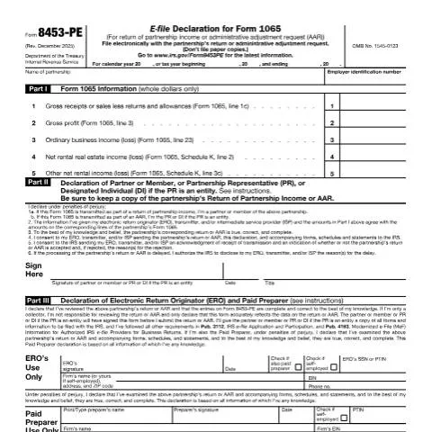 Document preview: Understanding IRS Form 8453-PE for Partnerships — Taxes (CERFA n°8453PE)